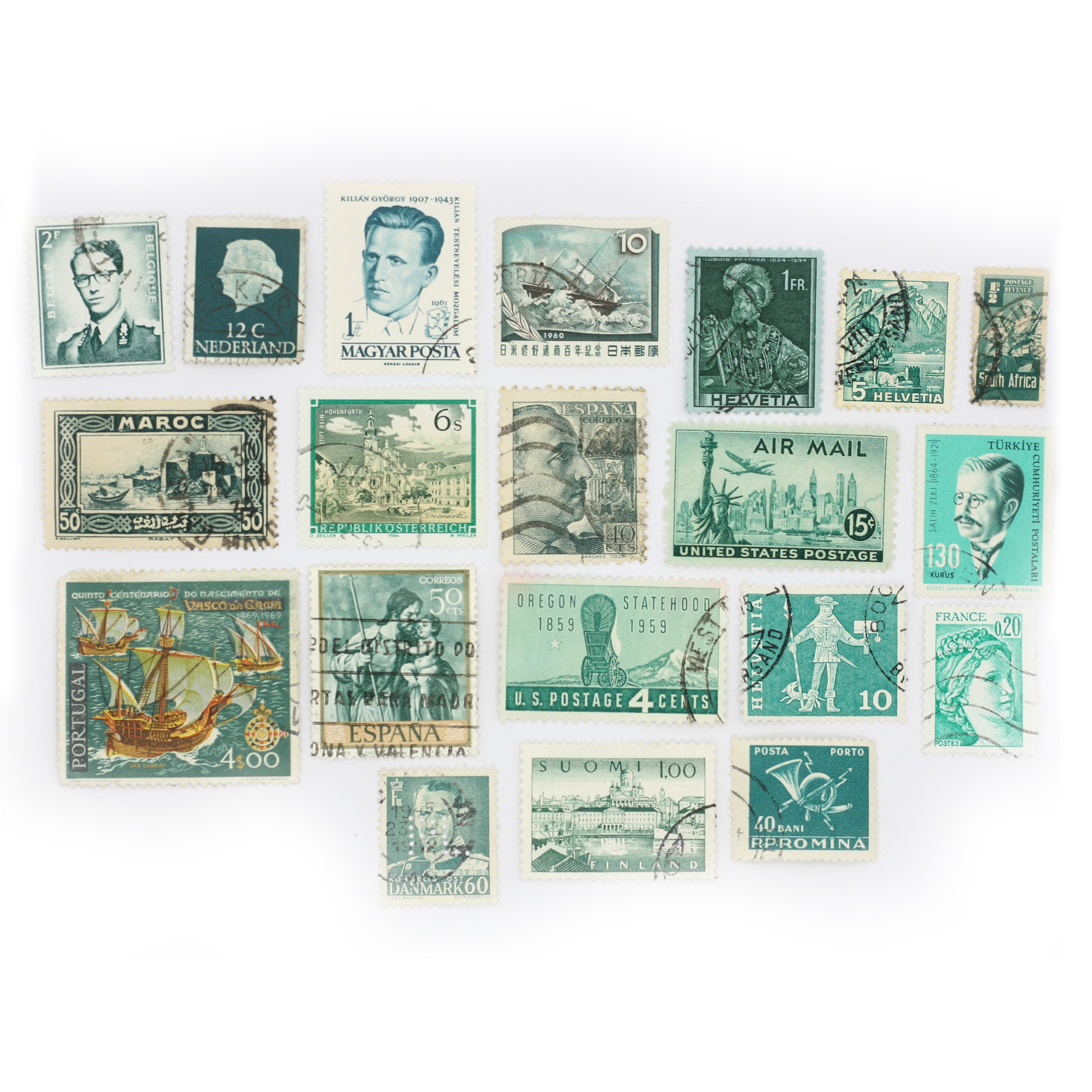 Set mit 20 Vintage Briefmarken - türkis | Lot 44