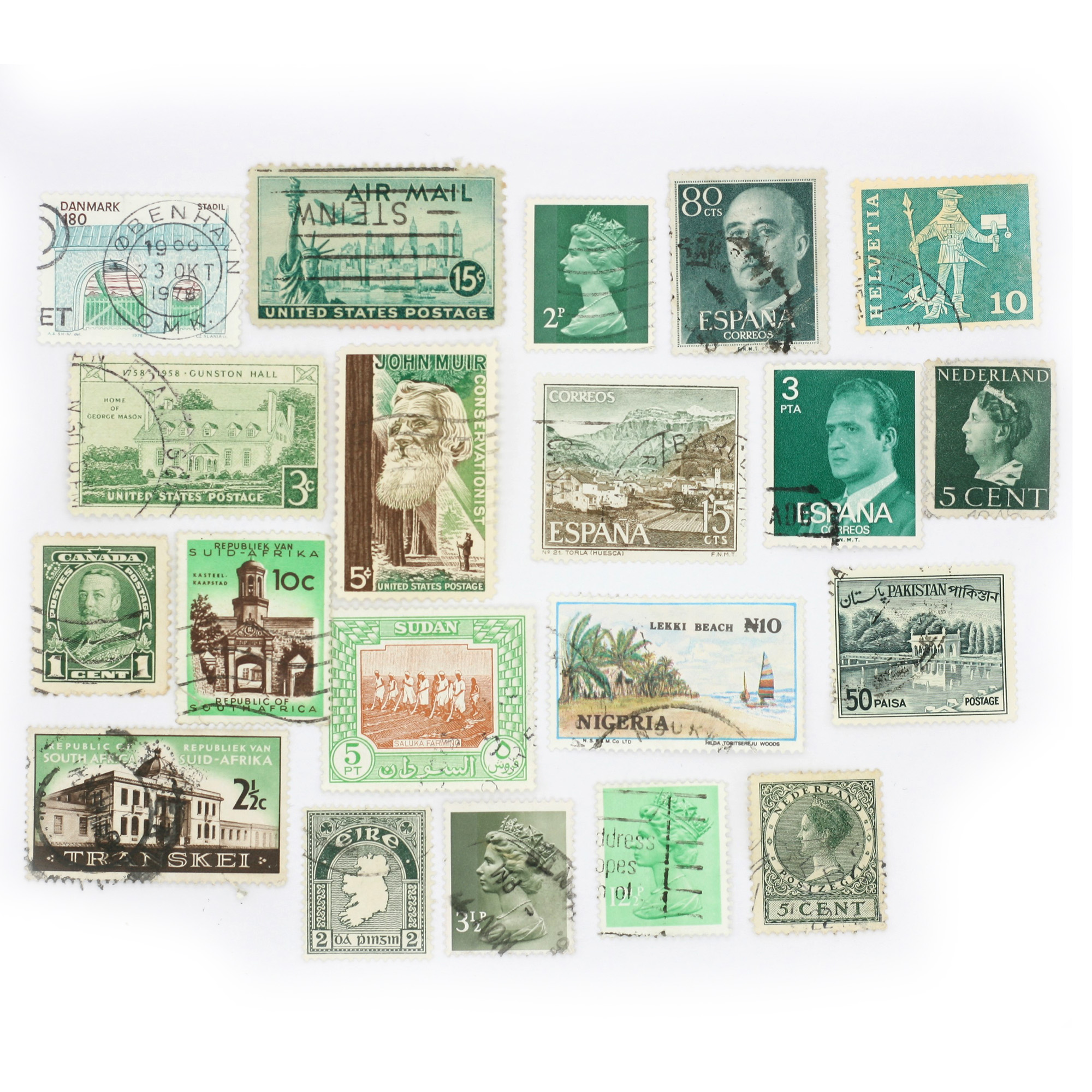 Set mit 20 Vintage Briefmarken - grün | Lot 26