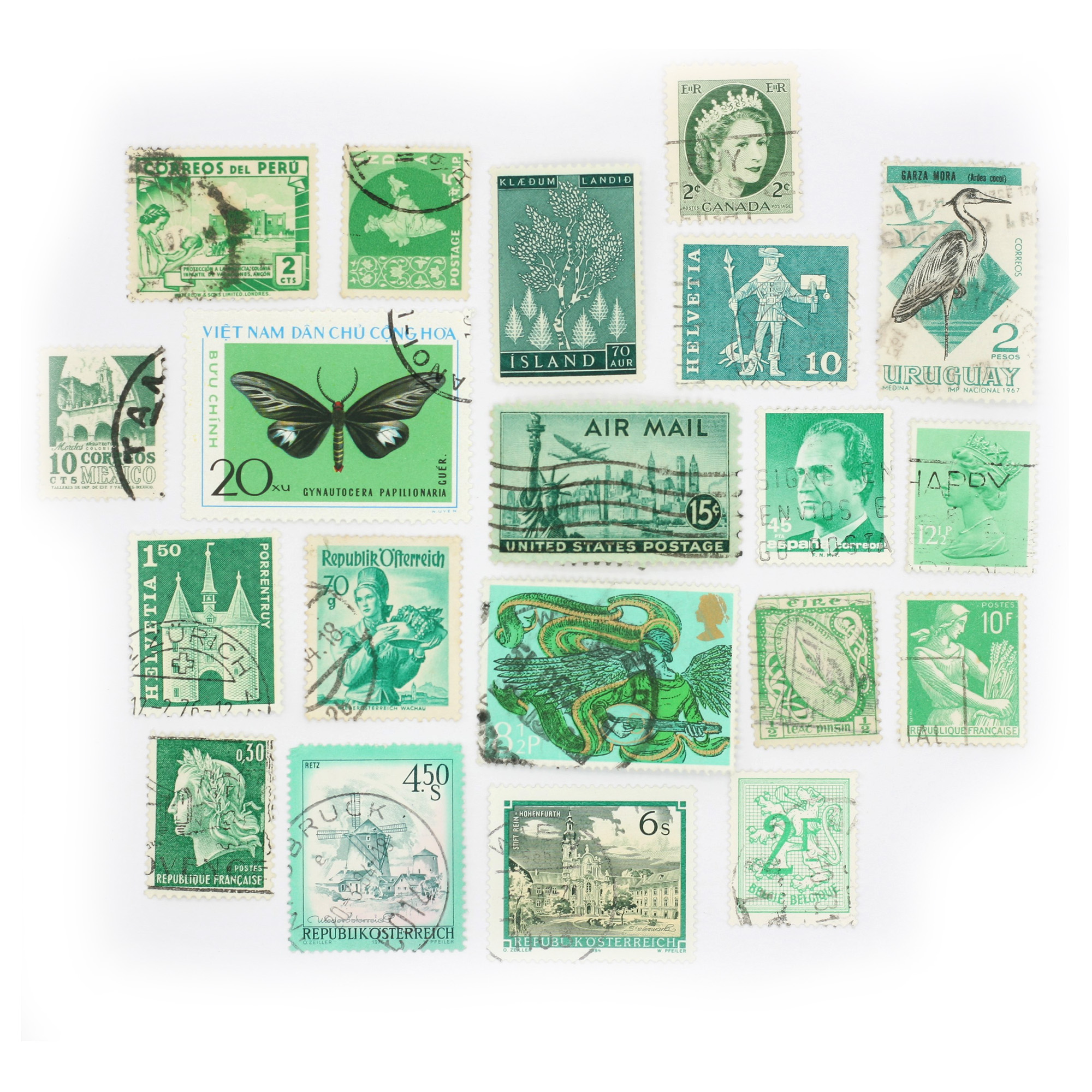 Set mit 20 Vintage Briefmarken - grün | Lot 24